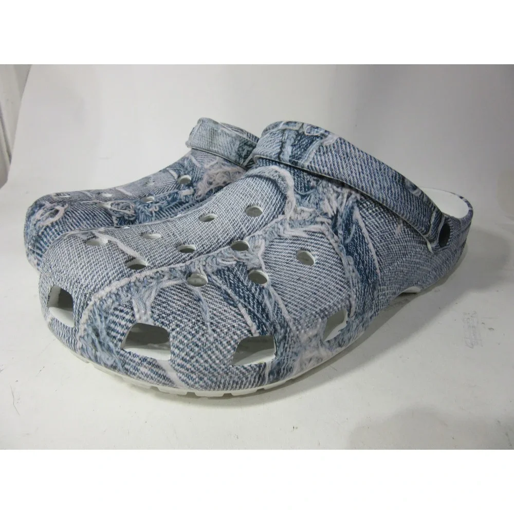 Crocs Classic Clog Mens Size 13 Blue Denim Print Distressed Aesthetic Strap